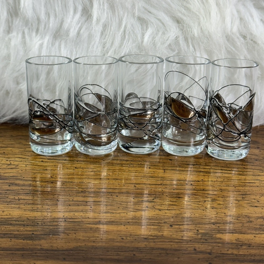 (5) Glass Vintage Shot Glasses Barware Mosaic Silver Crackle